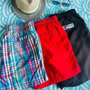 Plaid Swim Short, Red Swim Short, Black Swim Short. Set of three.